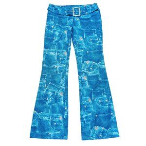 Shein Womens Pants Blue Jean Print Ultra Low Rise Flare Half Belt 90s Size XS 2
